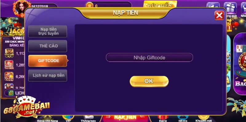 Nhập mã giftcode tại 68 game bài để nhận thưởng